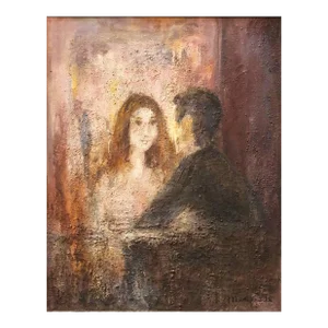 Eliana Menasse, El Balcon, Courting Couple Mexican Modernist Oil Painting, 1968