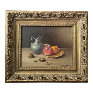 1959 H. Weiss Original Still Life Oil Painting – Fruit, Pewter Jug & Walnuts in Ornate Gold Frame For Sale