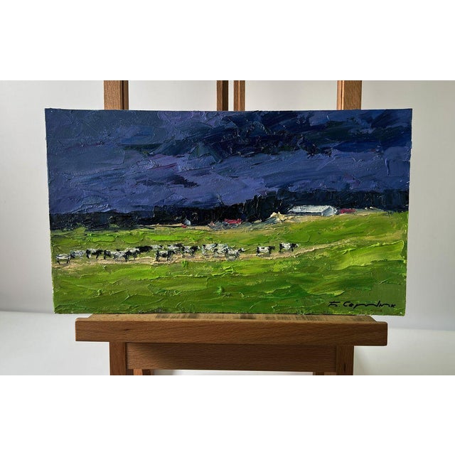 The Oil painting Cardboard titled ""Evening field"" conveys the dramatic beauty and tension of nature as daylight fades...