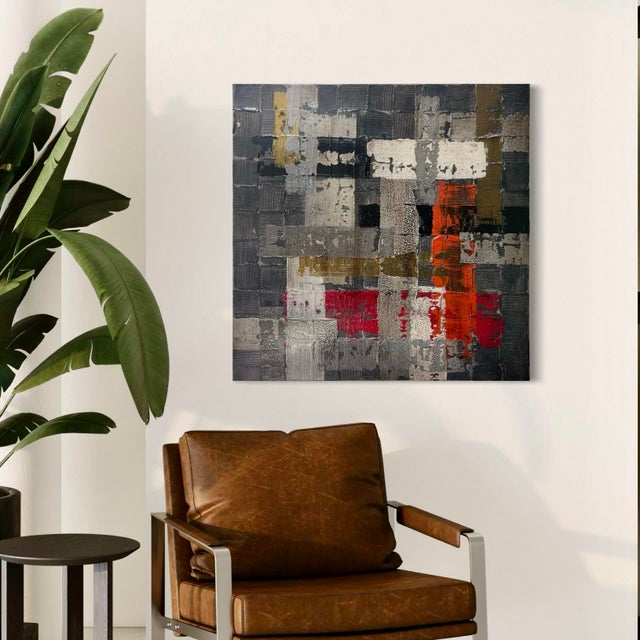 In Confluence, J. Kent Martin layers a dense network of interlocking forms in charcoal, stone, and muted metallic tones,...