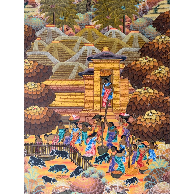 Vintage Bali Folk Art “Niwg Jagri Peneslanan Klod Ubud Bali” Oil on Canvas Painting – Framed For Sale - Image 4 of 13