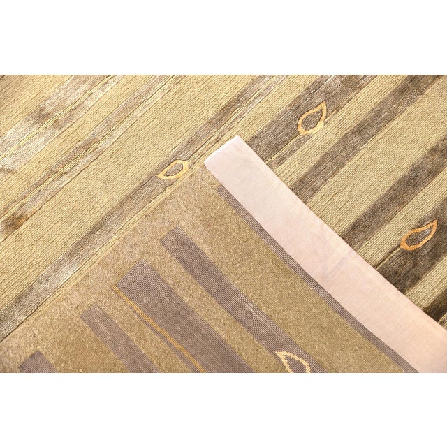 Hand-Knotted Modern Tibetan Wool & Silk Geometric Rug in Gold & Olive Green For Sale - Image 10 of 10