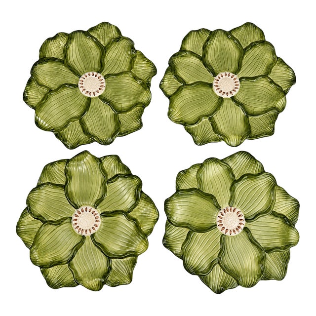 Vintage Mid-Century Modern Ambiance Daffodils Sculptural Green Charger Plates- Set 4 For Sale