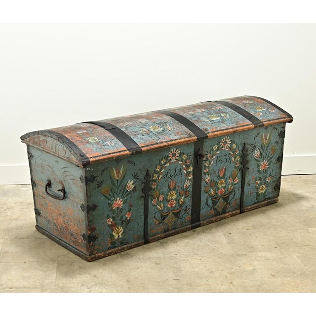 Blue Swedish 19th Century Painted Pine Marriage Trunk For Sale - Image 8 of 12