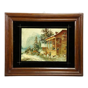 Antique Oil Print With Bear Hunt Scene After Heinrich Buerkel 19th Century