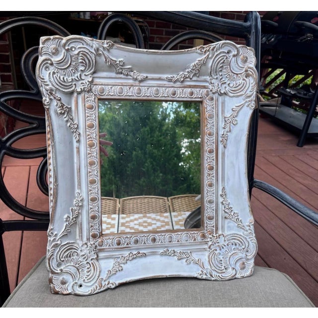 French Country Wall Mirror Features a Heavily Distressed White Frame With Gold Trim For Sale - Image 15 of 15