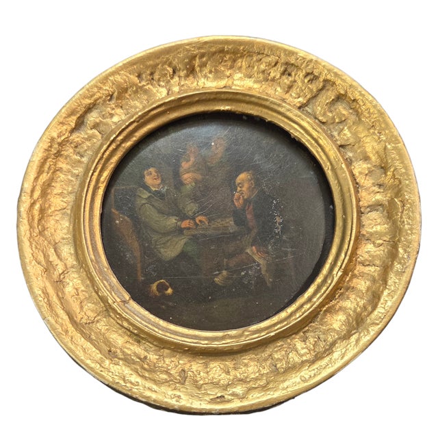 French Provincial French Old Master Style Genre Scene Oil Painting “Le Jeu” Tavern Interior Round Panel 5.75" For Sale - Image 3 of 11
