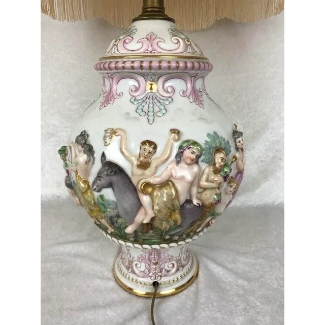 Italian Capodimonte Porcelain Lamp • Sculpted Mythological Figures • Victorian‑Style Shade For Sale - Image 9 of 12