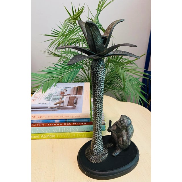 Wood Late 20th Century Maitland Smith Style Bronze Reading Monkey Palm Tree Candle Holder For Sale - Image 7 of 10