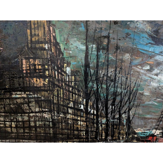 Wood Large Signed Mid-Century Modern Harbor Scene Oil Painting, Palette Knife Maritime Cityscape For Sale - Image 7 of 9