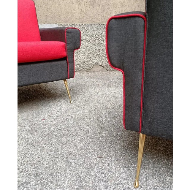 Mid-Century Modern Set of Armchairs in Red and Black with Brass Legs, 1950s For Sale - Image 3 of 9