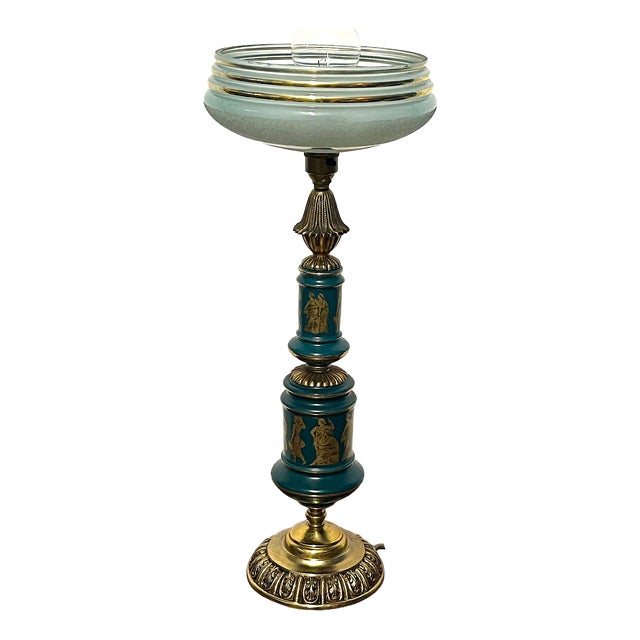 Antique French Brass and Porcelain Glass Shade Table Lamp from Unbekannt, 1920s For Sale