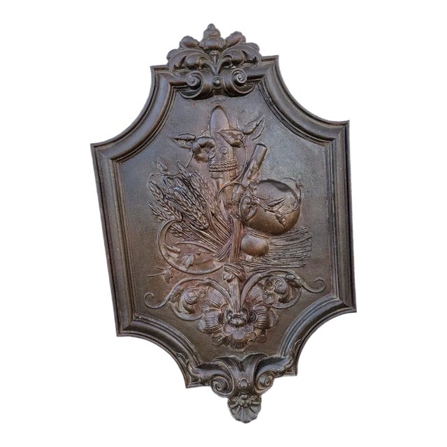 Antique 19th Century Rustic Cast Iron Plaque Ornate Decorative Wall Art For Sale