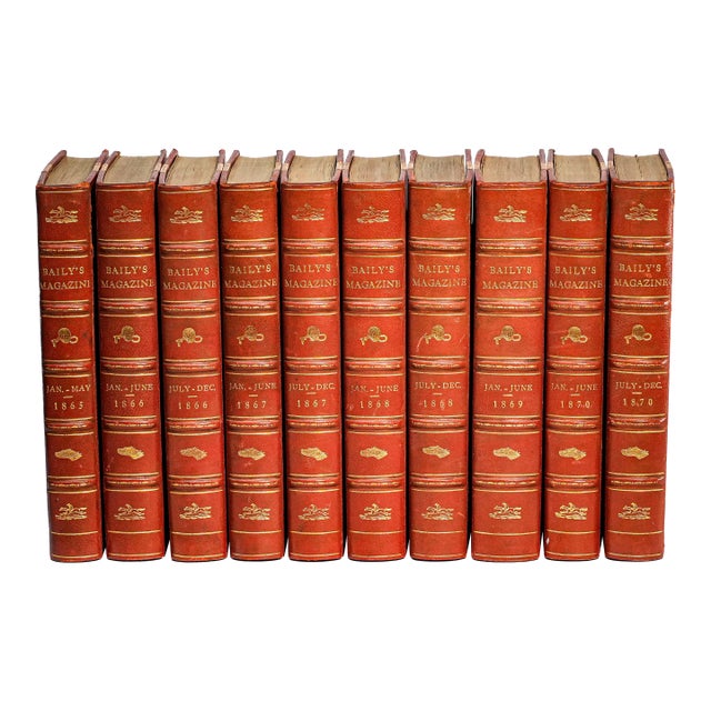 Wonderful Collection 10 Volume Bailey's Magazine of Sports & Pastimes Antique Red Leather Spine Books English Country Equestrian Horse For Sale