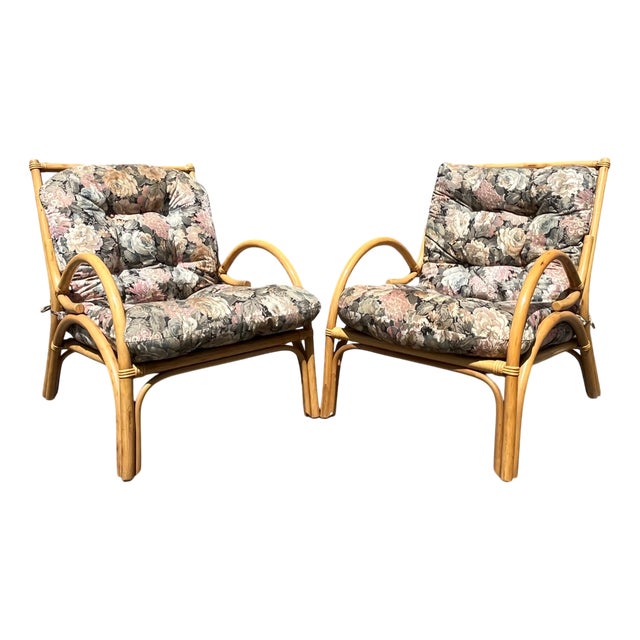 Large Vintage Italian Bamboo Armchairs with Floral Cushions, 1970s, Set of 2 For Sale
