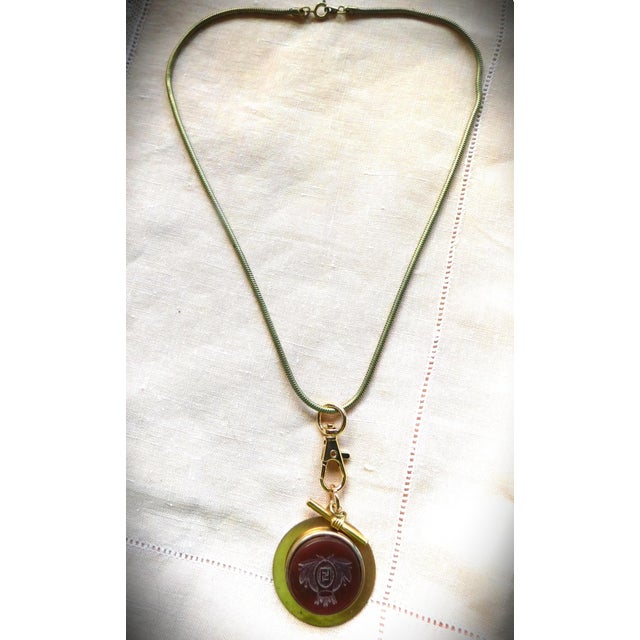 Antique Carved Carnelian Gold Round Pendant Necklace, Initial "F", Snake Chain, Toggle For Sale - Image 12 of 12