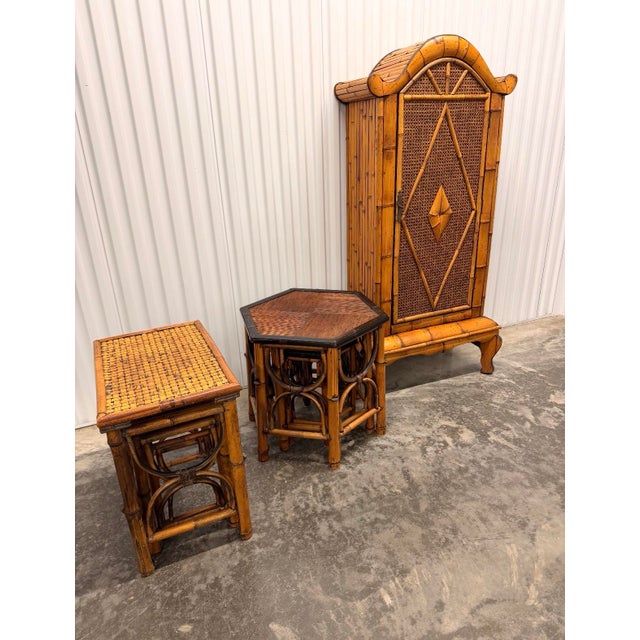 1970s 1970s Vintage Burnt Bamboo & Rattan Nesting Hexagon Shaped Tables - Set of 3 For Sale - Image 5 of 9