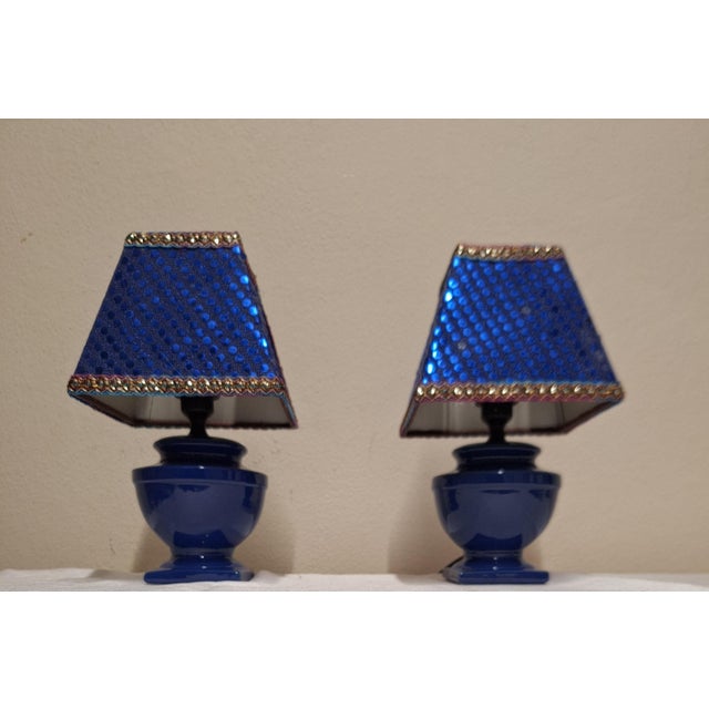 Vintage Bedside Lamps with Blue Ceramic Base and Handmade Sequined Shade by Lamplove, 1990s, Set of 2 For Sale - Image 6 of 8