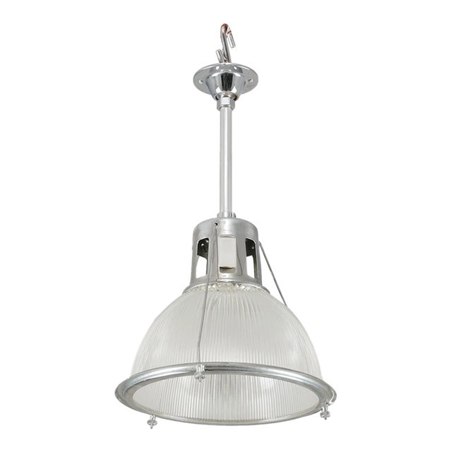 Mid 20th Century Restored Industrial Holophane Steel Factory Pendant Light For Sale