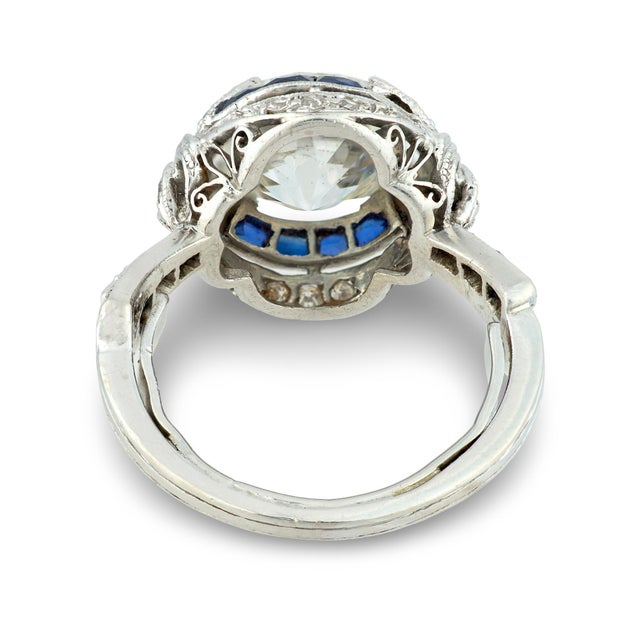 1930s Art Deco Gia 3.38 Carat Diamond Sapphire Platinum Engagement Ring, Size 5 For Sale In Los Angeles - Image 6 of 7