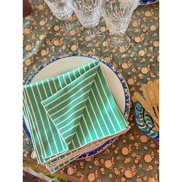Vintage Striped Linen Cotton Blend Cloth Napkins, Set of 6, Emerald Green and White For Sale - Image 4 of 5