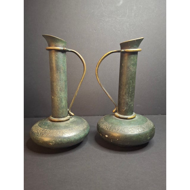 Mid-Century Modern Pair Vintage Pal-Bell Maurice Ascalon Bronze Ewers Pitchers Grape Motif Israel For Sale - Image 3 of 14