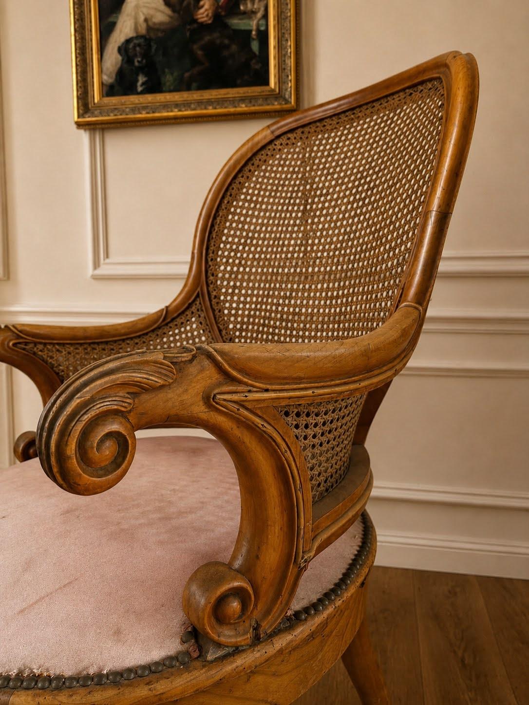 Antique Victorian Cane Back Armchair With Carved Wood Frame and