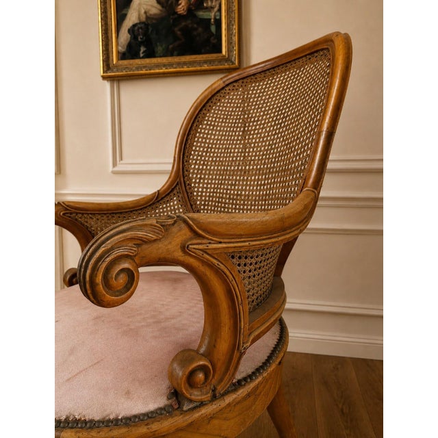 Victorian Antique Victorian Cane Back Armchair With Carved Wood Frame and Upholstered Seat For Sale - Image 3 of 4