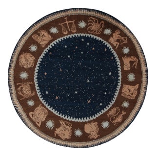 Rug & Kilim’s French Deco style Circle rug in Blue, Beige-Brown Zodiac Pictorial - 9x9 For Sale