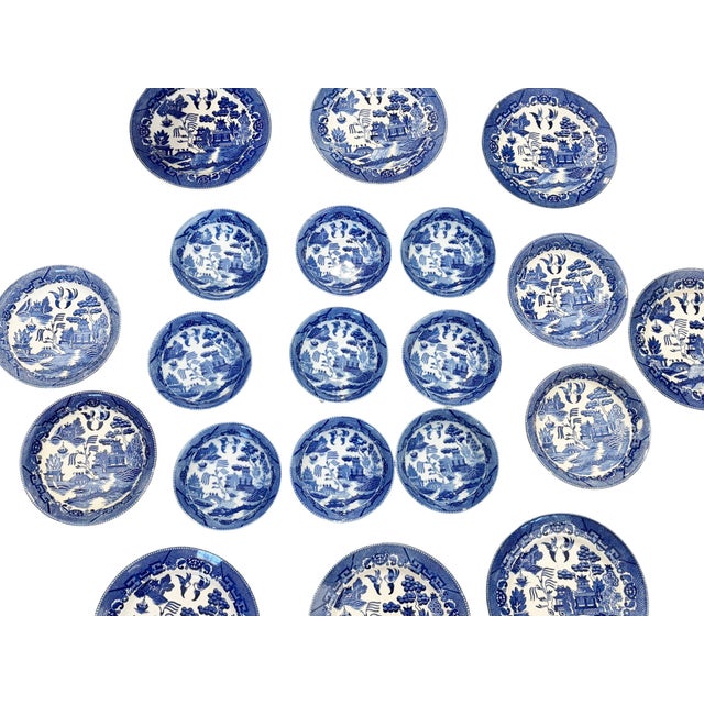 Blue Vintage Blue and White Willow Pattern Decorative Set of 21 Plates Made in Japan For Sale - Image 8 of 12