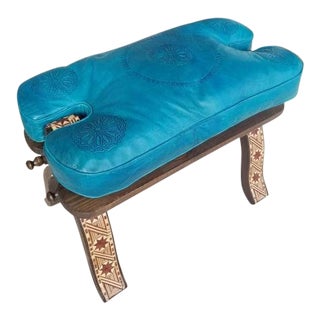 Modern Moroccan Turquoise Camel Saddle Leather Cushion Wooden Base Stool For Sale