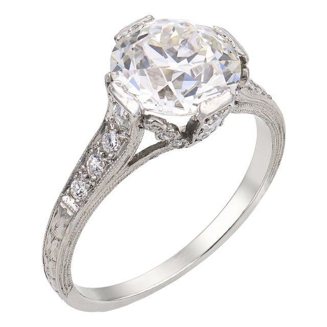 Art Deco Gia 2.14 Carat Old European Cut Diamond Platinum Engagement Ring, Size 5 For Sale