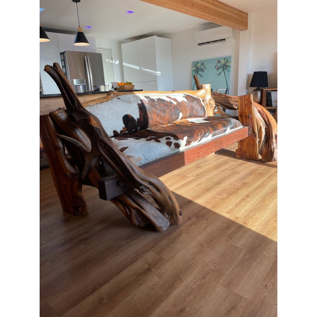 Cabin Rustic Live-Edge Handmade Sofa, Genuine Cowhide Upholstery For Sale - Image 3 of 9