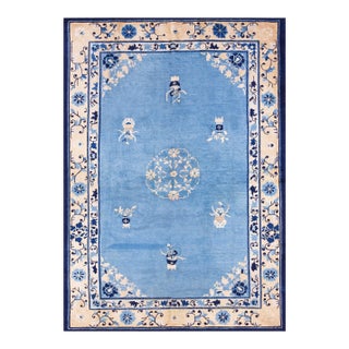 1900s Blue Medallion Antique Chinese Peking Rug 6'0" X 8'6" Handknotted Wool Carpet For Sale