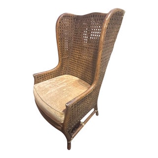 Mid 20th Century Vintage Bamboo and Cane Wingback Rattan Chair by Lewittes Furniture Made in Us With Original Velvet Cushion For Sale