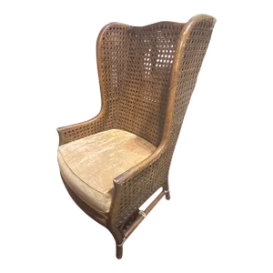 Mid 20th Century Vintage Bamboo and Cane Wingback Rattan Chair by Lewittes Furniture Made in Us With Original Velvet Cushion