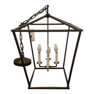 Modern Black Iron Four-Light Lantern Pendant Chandelier With Chain Suspension For Sale