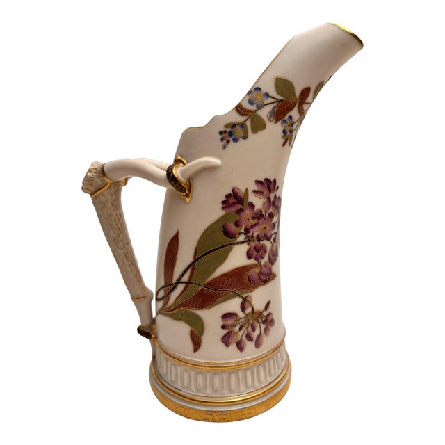 Antique Royal Worcester Porcelain Pitcher With Gilded-Antler Handle For Sale