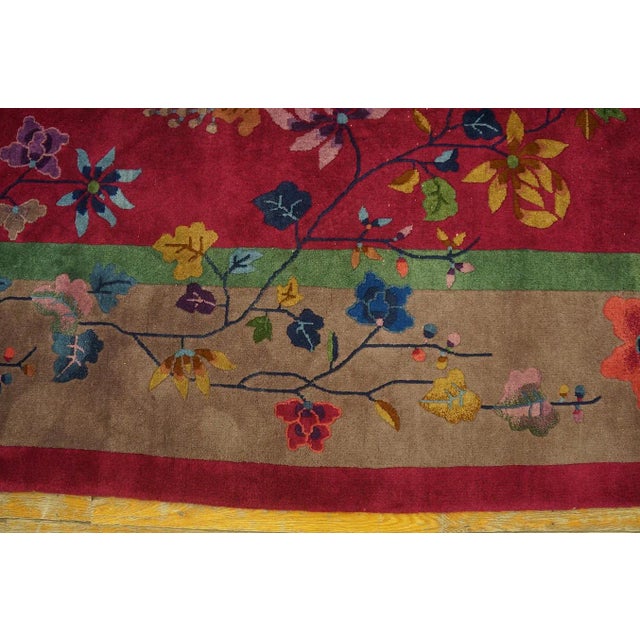 1920s Ruby Red Floral Vase Antique Chinese Art Deco Carpet 9' X 11'9" Knotted Wool Rug For Sale - Image 9 of 12