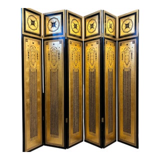 Striking Six-Panel Art Deco Carved Black Lacquer and Gilt Screen For Sale