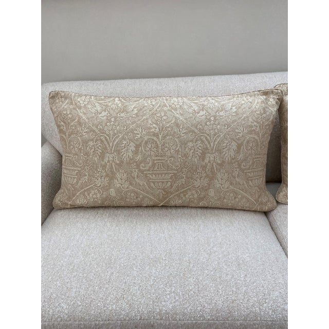 Traditional Two Cream and Taupe Jab Damask Fabric King Shams With Matching Bed Scarf For Sale - Image 3 of 12