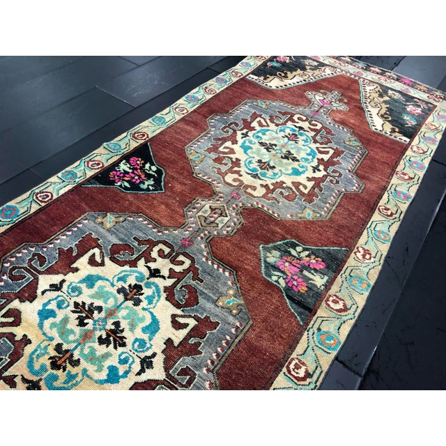 Red Turkish Handmade Boho Red Medallion Design Large Runner Rug - 4′4″ × 11′6″ For Sale - Image 8 of 11