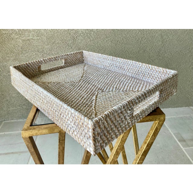 1990s Circa 1990 Coastal Cottage Chic Whitewashed Rattan With Cut-Out Handles Decorative Tray For Sale - Image 5 of 13