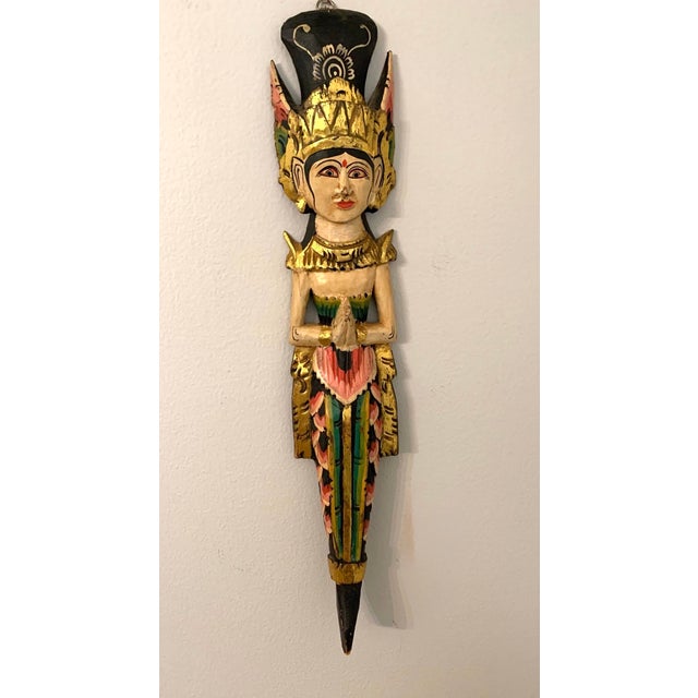 Vintage 25” Balinese Gilt Wood Temple Dancer Wall Sculpture, Hand-Carved, Indonesia For Sale - Image 12 of 12