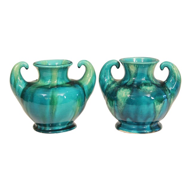 Pair 1930s Awaji Pottery Art Deco Japanese Vintage Studio Muscle Vases Blue Green Flambe For Sale