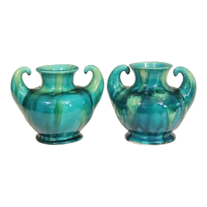 Pair 1930s Awaji Pottery Art Deco Japanese Vintage Studio Muscle Vases Blue Green Flambe