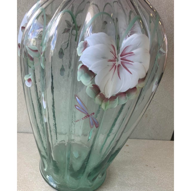 Hand painted by P. Hayhurst, numbered #320/1750; original Fenton sticker. Dragonfly and downy thorn apple pattern designed...