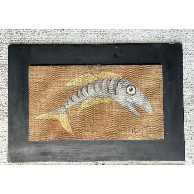 Yellow Vintage MCM Fish Motif Paintings on Burlap - Pair For Sale - Image 8 of 13