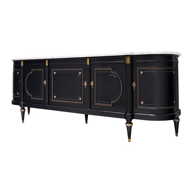Ebony Early 20th Century French Louis XVI Mahogany Enfilade Buffet With Carrara Marble For Sale - Image 8 of 9