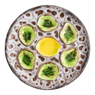 Vintage French Green & Yellow Lemon Majolica Oyster Plate, After Vallauris For Sale
